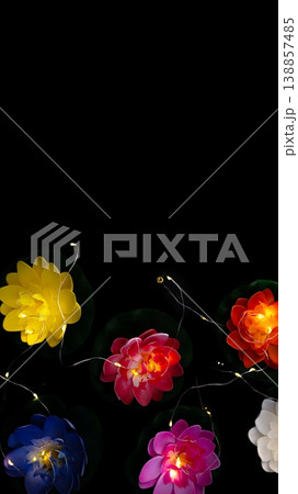Vesak lantern lotus flowers floating on dark water, Buddha birthday celebration background Vesak lantern lotus flowers floating on dark water, Buddha birthday celebration background 138857485