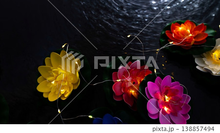 Vesak lantern lotus flowers floating on dark water, Buddha birthday celebration background Vesak lantern lotus flowers floating on dark water, Buddha birthday celebration background 138857494