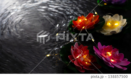 Vesak lantern lotus flowers floating on dark water, Buddha birthday celebration background Vesak lantern lotus flowers floating on dark water, Buddha birthday celebration background 138857500