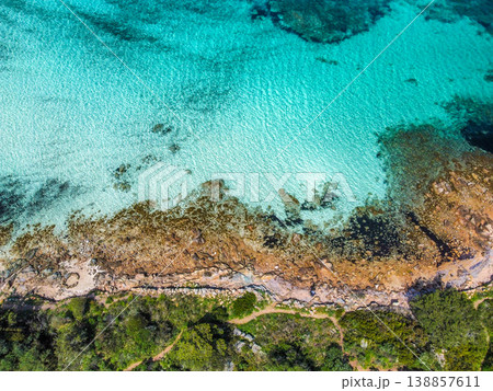 Aerial view of Cala Brandinchi turquoise water Aerial view of Cala Brandinchi turquoise water 138857611