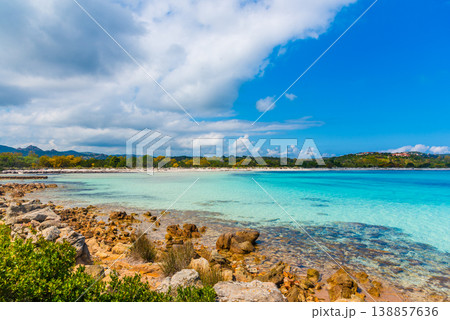 Famous Cala Brandinchi beach under a cloudy sky 138857636