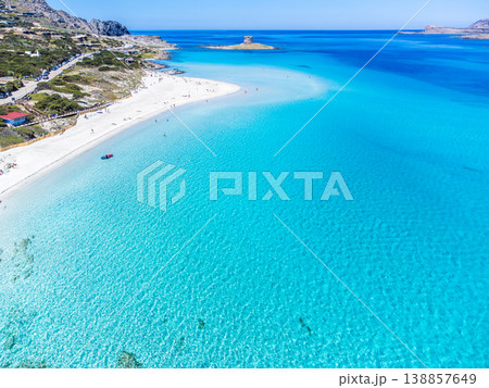 La Pelosa beach turquoise water seen from above La Pelosa beach turquoise water seen from above 138857649