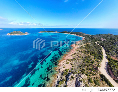 Aerial view of Capo Coda Cavallo shoreline in springtime 138857772