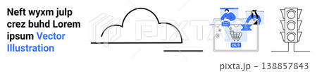 Cloud technology, e-commerce, internet connectivity, shopping trends, digital economy, traffic management. Abstract cloud, shopping cart with users and traffic light icons. Cloud technology Cloud technology, e-commerce, internet connectivity, shopping trends, digital economy, traffic management. Abstract cloud, shopping cart with users and traffic light icons. Cloud technology 138857843
