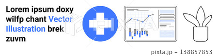 Healthcare, data analysis, business reports, workplace , modern concepts, infographics. Blue medical cross, chart-filled dashboard and a potted plant. Healthcare and data analysis visualization Healthcare, data analysis, business reports, workplace , modern concepts, infographics. Blue medical cross, chart-filled dashboard and a potted plant. Healthcare and data analysis visualization 138857853