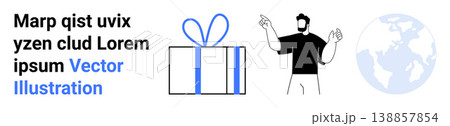 Gifting, global trade, online shopping, celebration, business marketing, communication. Includes a gift box, a gesturing man and a globe icon. Gifting and global trade concepts 138857854