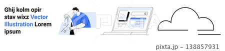 Cloud computing, online storage, digital workspace, document management, web development, remote collaboration. A man holding scissors, a laptop screen and a cloud icon. Cloud computing and online Cloud computing, online storage, digital workspace, document management, web development, remote collaboration. A man holding scissors, a laptop screen and a cloud icon. Cloud computing and online 138857931