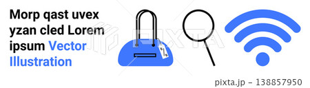 E-commerce, digital marketing, online shopping, search, connectivity, wireless network. Blue bag with price tag, magnifier wireless icon. E-commerce and digital marketing concept E-commerce, digital marketing, online shopping, search, connectivity, wireless network. Blue bag with price tag, magnifier wireless icon. E-commerce and digital marketing concept 138857950