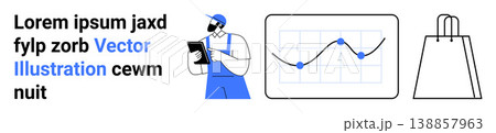 Online shopping, customer data visualization, sales reports, delivery services, retail analysis, inventory monitoring. Delivery worker with clipboard, analytics chart shopping bag. E-commerce Online shopping, customer data visualization, sales reports, delivery services, retail analysis, inventory monitoring. Delivery worker with clipboard, analytics chart shopping bag. E-commerce 138857963