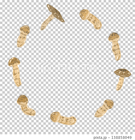 Hand-drawn illustration material of a round frame featuring a matsutake mushroom. 138858049