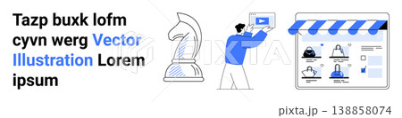 E-commerce, branding, online shopping, digital marketing, design strategy, success. Chess knight icon, person holding a browser tab storefront design. E-commerce and branding concept E-commerce, branding, online shopping, digital marketing, design strategy, success. Chess knight icon, person holding a browser tab storefront design. E-commerce and branding concept 138858074
