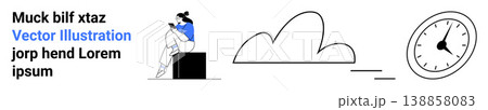 Technology, time management, cloud computing, digital communication, remote work, online services. A person with a smartphone, cloud shape and a clock graphic. Technology and time management concept Technology, time management, cloud computing, digital communication, remote work, online services. A person with a smartphone, cloud shape and a clock graphic. Technology and time management concept 138858083