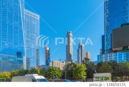 Skyscrapers in Lower Manhattan under a blue sky Skyscrapers in Lower Manhattan under a blue sky 138858135