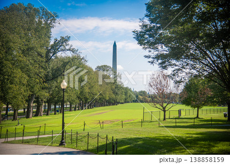 World famous Washington Monument in National Mall under a blue sky 138858159