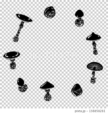 Monochrome hand-drawn illustration of a round frame featuring a *Amanita caesarea* mushroom. 138858281