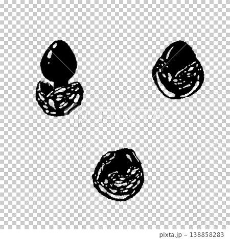 A monochrome, hand-drawn illustration of two young Amanita caesarea mushrooms. 138858283