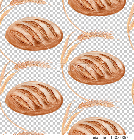 Rustic bread loaves and wheat ears watercolor seamless pattern. Hand-painted bakery background warm tones, perfect for artisan branding, organic packaging, bakery design, textile and wrapping paper Rustic bread loaves and wheat ears watercolor seamless pattern. Hand-painted bakery background warm tones, perfect for artisan branding, organic packaging, bakery design, textile and wrapping paper 138858673