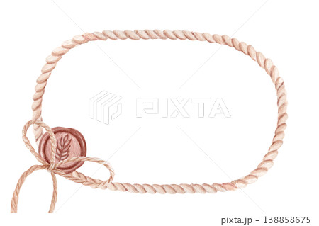 Bakery branding watercolor frame with twisted rope border, wax seal with wheat symbol. Hand painted rustic label template, packaging design, artisan bread, organic product identity, food presentation 138858675