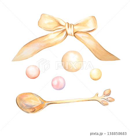 A watercolor set of a vintage gold teaspoon, a delicate satin ribbon bow, round sugar candies, and beads. Isolated hand-drawn elements for breakfast tea. Suitable for design, print, and packaging. A watercolor set of a vintage gold teaspoon, a delicate satin ribbon bow, round sugar candies, and beads. Isolated hand-drawn elements for breakfast tea. Suitable for design, print, and packaging. 138858683