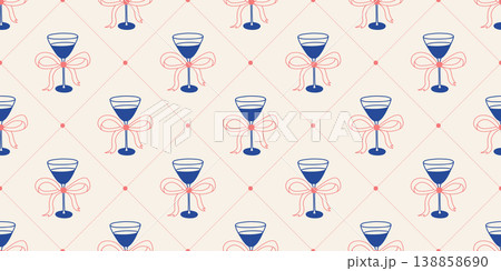 Glasses with drinks decorated with bows on beige background with diamonds Glasses with drinks decorated with bows on beige background with diamonds 138858690