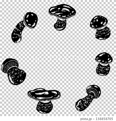 Monochrome hand-drawn illustration of a round frame featuring porcini mushrooms. 138858705