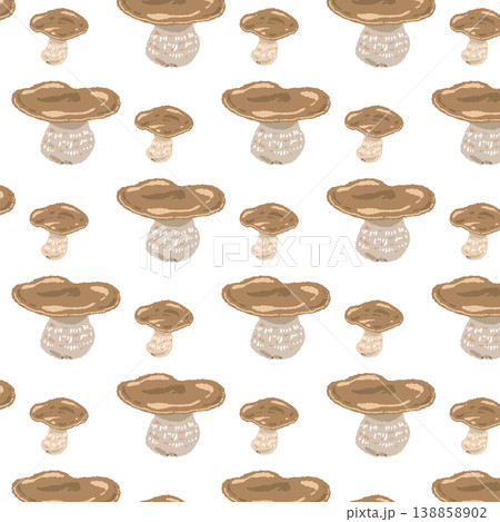 ポルチーニ茸のシームレスパターン背景イラスト（ミックス散らし） 138858902