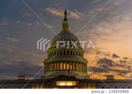 US Capitol Dome at Sunset with Orange and Dark Blue Sky 138858969