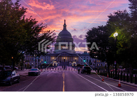 US Capitol Building at Sunset with Dramatic Purple and Orange Clouds 138858970