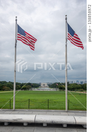 Two American Flags on the National Mall with the Lincoln Memorial in the Background 138858972