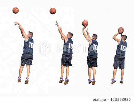 Basketball Player Jump Shot Sequence Collage on White Background, Male 138858980