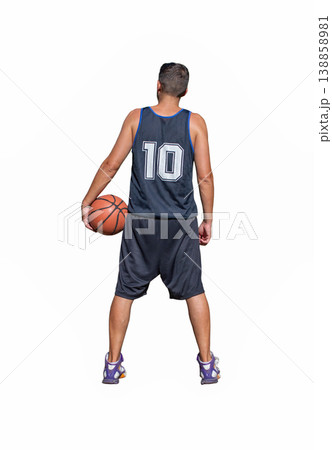 Basketball Player Standing with Ball Under Arm from Behind on White Background, Male, Number 10 Basketball Player Standing with Ball Under Arm from Behind on White Background, Male, Number 10 138858981