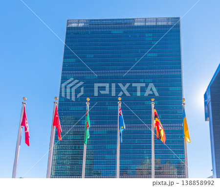 Front view of UN building in Manhattan on a sunny day 138858992