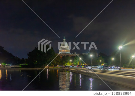 World famous United States Capitol Building reflected on the pool at night 138858994