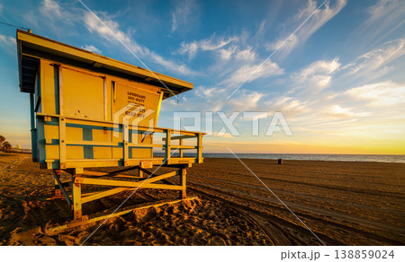 LIfeguard tower in Malibu at sunset 138859024