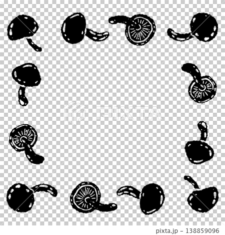なめこの四角形フレームのモノクロ手描きイラスト素材 138859096