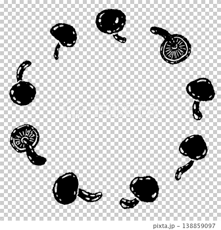 單色手繪插圖素材，圓形邊框內有蘑菇圖案。 138859097