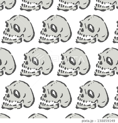 正面ドクロの網目状手描き筆タッチシームレスパターン背景 - 和風やタトゥーに使える骸骨総柄 138859149