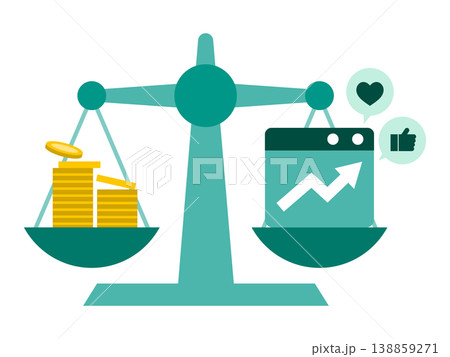 SNS広告の予算配分と費用対効果を天秤で比較するAIマーケティングのコンセプトイラスト 138859271