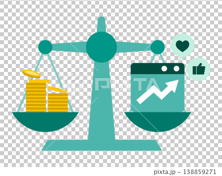 SNS広告の予算配分と費用対効果を天秤で比較するAIマーケティングのコンセプトイラスト 138859271
