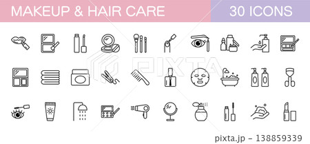 メイクアップとヘアケアのラインアイコンセット メイクアップとヘアケアのラインアイコンセット 138859339
