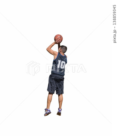 Left-Handed Basketball Player Side View Performing Jump Shot Isolated on White Background Left-Handed Basketball Player Side View Performing Jump Shot Isolated on White Background 138859345