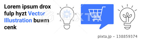 E-commerce, innovation, creativity, online shopping, ideas, digital solutions. Shopping cart icon in speech bubble, light bulbs and gear. E-commerce and innovation visual concept E-commerce, innovation, creativity, online shopping, ideas, digital solutions. Shopping cart icon in speech bubble, light bulbs and gear. E-commerce and innovation visual concept 138859374