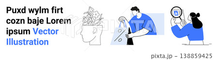 Creativity, consumer behavior, data analysis, innovation, mental processes, online search. Head with flowers, person shopping individual magnifying document. Creativity and consumer behavior concept Creativity, consumer behavior, data analysis, innovation, mental processes, online search. Head with flowers, person shopping individual magnifying document. Creativity and consumer behavior concept 138859425