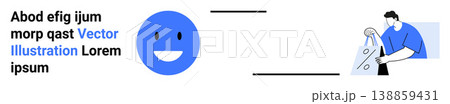 Digital design, user engagement, creativity, branding, communication, tools. A smiling blue face and a figure using tools in a sleek layout. User engagement and creativity concept Digital design, user engagement, creativity, branding, communication, tools. A smiling blue face and a figure using tools in a sleek layout. User engagement and creativity concept 138859431