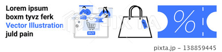 E-commerce, shopping, retail discounts, online marketing, sales promotion, business strategy. Shopping cart, handbag discount symbol. E-commerce and shopping conveyed visually E-commerce, shopping, retail discounts, online marketing, sales promotion, business strategy. Shopping cart, handbag discount symbol. E-commerce and shopping conveyed visually 138859445