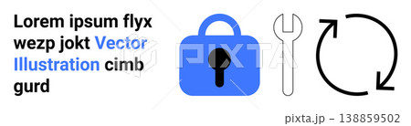 Data protection, repair tools, system update, security maintenance, backup solutions, accessibility. Blue lock, wrench and refresh icon. Data protection and repair tools concept Data protection, repair tools, system update, security maintenance, backup solutions, accessibility. Blue lock, wrench and refresh icon. Data protection and repair tools concept 138859502