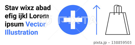 E-commerce, medical retail, growth trends, healthcare shopping, data analysis, online services. A shopping bag, blue medical plus icon and upward arrow. E-commerce and growth trends concept 138859503