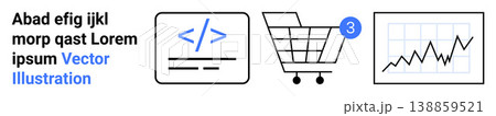 E-commerce, coding, data analysis, technology, business growth, online shopping trends. Display of a code snippet, shopping cart with notification and an analytics graph. E-commerce and coding 138859521