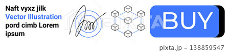 E-commerce, digital payment security, online shopping, blockchain technology, digital signature, retail. Blue buy button, blockchain network and a digital signature icon. E-commerce and online E-commerce, digital payment security, online shopping, blockchain technology, digital signature, retail. Blue buy button, blockchain network and a digital signature icon. E-commerce and online 138859547