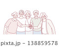 Elderly men and women with gray hair stand with their hands outstretched to center. Vector image 138859578